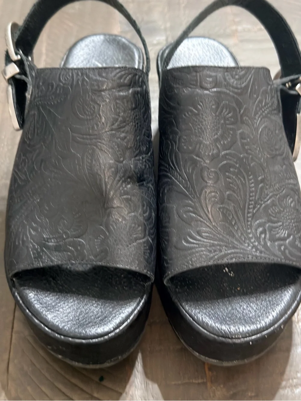 Free People Black Embossed Leather Slingback Platform Sandals